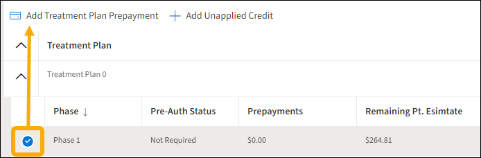 A checked Treatment phase with a yellow highlight box around it and a yellow arrow pointing to the Add Treatment Plan Pre-payment button.